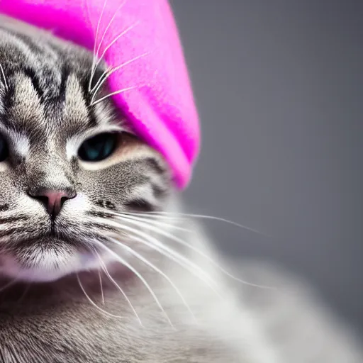 Prompt: a cat wearing a pink hat, 4 k