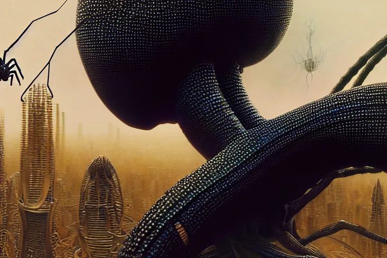 Image similar to realistic detailed closeup portrait movie shot of a beautiful black woman riding a giant spider, dystopian city landscape background by denis villeneuve, amano, yves tanguy, alphonse mucha, max ernst, kehinde wiley, ernst haeckel, caravaggio, roger dean, cyber necklace, rich moody colours, sci fi patterns, wide angle