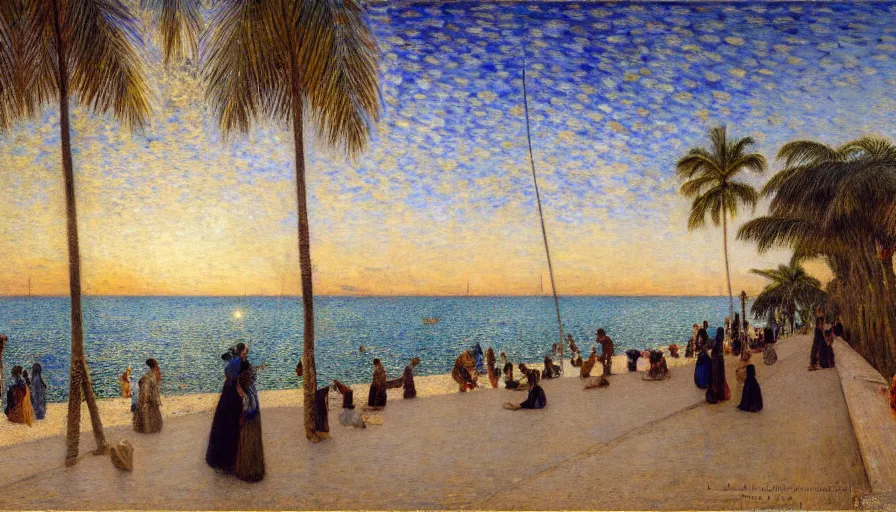 Prompt: a ultradetailed beautiful painting of the night sky of the amazonas palace balustrade designed by jules bastien - lepage, tarsila do amaral, frank weston and gustave baumann, beach, trending on artstation, mediterranean, palm trees, sharp focus, sail boats, soft light, 8 k 4 k