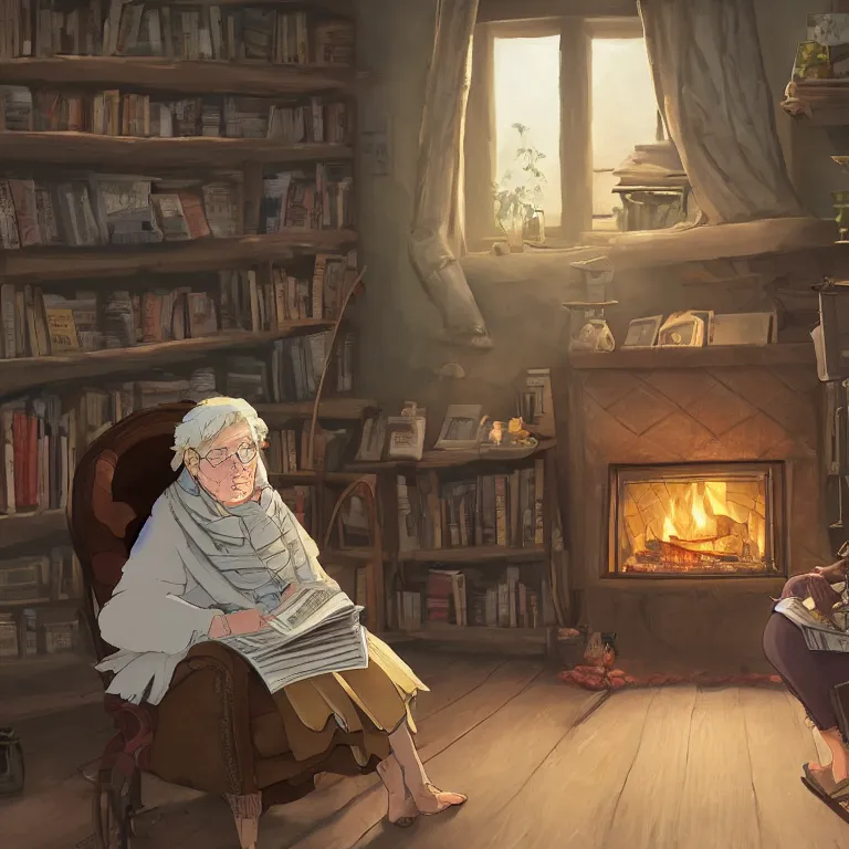 Image similar to An old lady is sitting in front of a fireplace in the living room while she reads a newspaper. Her house seems warm and cozy despite it being cold outside. She wears a sweater with a scarf wrapped around her neck. digital art, studio ghibli, highly detailed, fantasy, natural lighting, trending on artstation