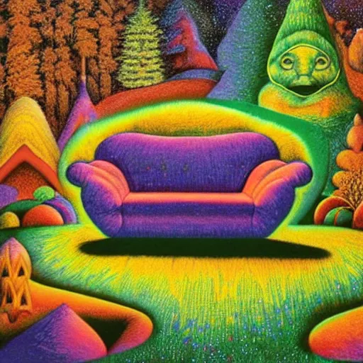 Image similar to psychedelic couch sofa in the pine forest, goose, milky way, designed by moebius, rob gonsalves, gustav dore, giuseppe arcimboldo and carl barks, louis wain, trending on artstation, canada, star, sharp focus, colorful refracted sparkles and lines, soft light, 8 k 4 k