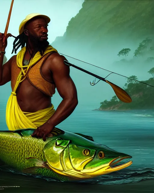 Image similar to fisherman, male, Jamaican, wide angle, yellows blacks greens reds, magical fishing rod weapon, D&D, fantasy, intricate, elegant, highly detailed, digital painting, artstation, octane render, concept art, matte, sharp focus, illustration, hearthstone, art by Artgerm and Greg Rutkowski and Alphonse Mucha