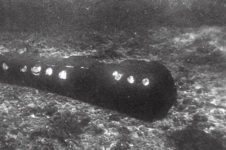 Image similar to footage from the mariana trench recovered on a submarine, unsettling atmosphere, eerie, bizarre, horror