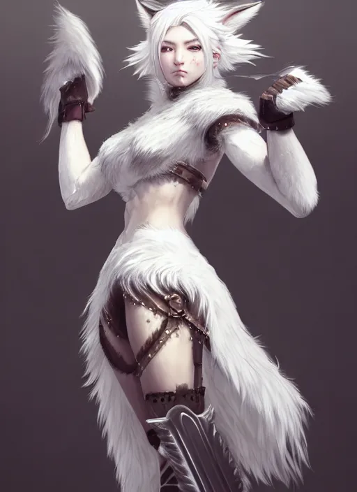 Image similar to warrior, fur - lined wolf armor!!! beautiful and elegant white hair female!! gorgeous ayes!! character concept art, sharp focus, octane render! unreal engine 5! highly rendered!! trending on artstation!! detailed linework!! illustration by artgerm, wlop, and chie yoshii