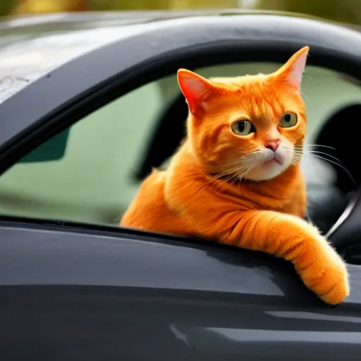 Image similar to an orange tabby cat driving a car