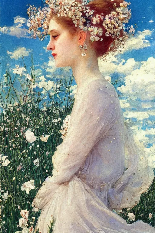 Image similar to close - up fashion woman portrait airy flowers cloudy sky art by vasnetsov