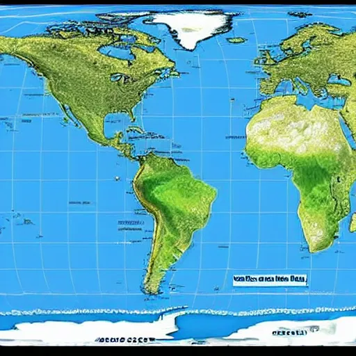 Image similar to a map of the world where the sea level has risen 100 meters