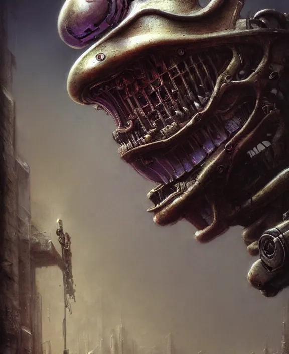 Image similar to cyborg waluigi, by hr giger and beksinski and stephan martiniere, trending on artstation, 4 k resolution, detailed, high quality, hq artwork