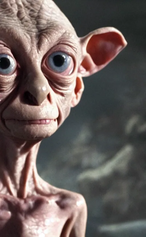 Image similar to dobby gollum, cinema still