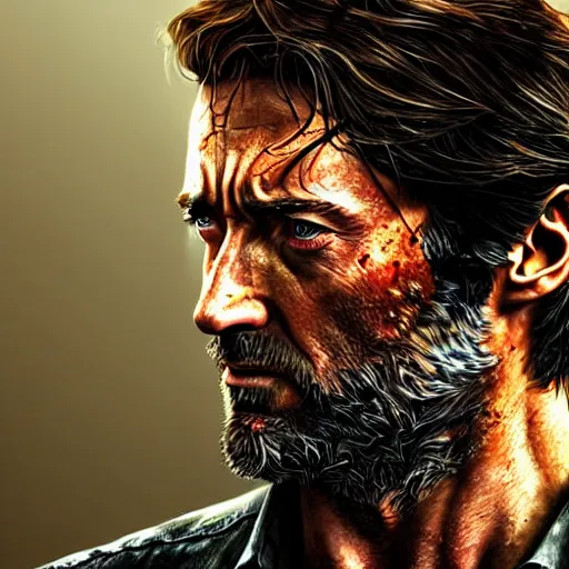 Image similar to beautiful digital art of hugh jackman as joel from the last of us, movie still from the last of us film, hdr, by artgerm