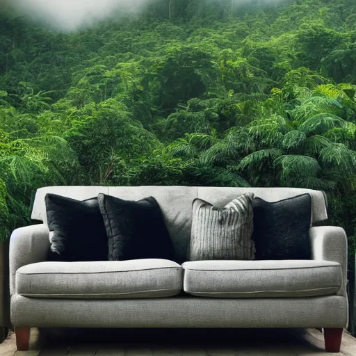 Image similar to a full length portrait of a giant autonomous sofa in a misty rainforest, surrounded by lush ferns and fir trees. surrounded by mountains and clouds and mist. featured on