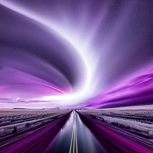 Image similar to amazing landscape photo of a purple tornado in the shape of a funnel by marc adamus, digital art, beautiful dramatic lighting