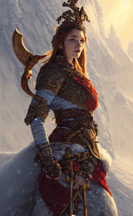 Image similar to azure viking warrior, regal, elegant, winter, snow, beautiful, stunning, hd, illustration, epic, d & d, fantasy, intricate, elegant, highly detailed, wide angle, digital painting, artstation, concept art, smooth, sharp focus, illustration, wallpaper, art by artgerm and greg rutkowski and alphonse mucha and jin xiaodi