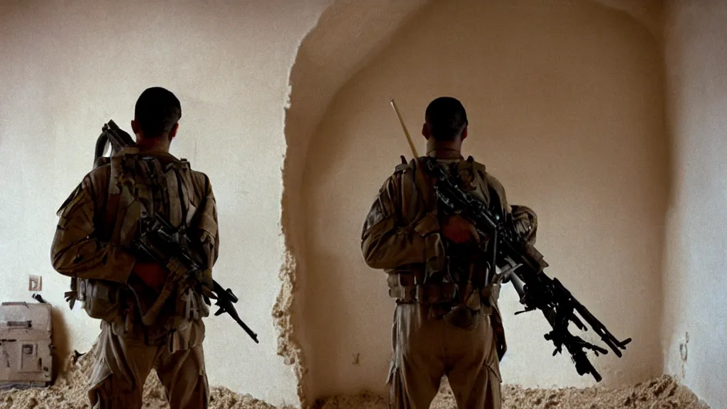 Image similar to film still of a marine soldier with a sniper rifle on his back standing in a dusty room with traditional colorful carpets on the wall in front of a sandy window. moody, grainy, 4 k, high detail, aesthetic, good composition, overdetailed, room cluttered with items, anatomically correct, directed by quentin tarantino,