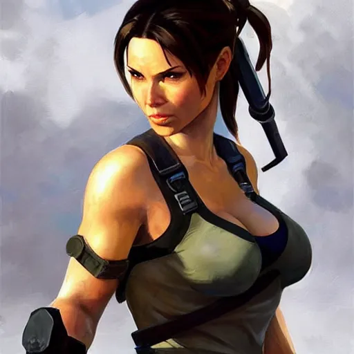 Image similar to greg manchess portrait painting of fully armored lara croft as overwatch character, medium shot, asymmetrical, profile picture, organic painting, sunny day, matte painting, bold shapes, hard edges, street art, trending on artstation, by huang guangjian and gil elvgren and sachin teng