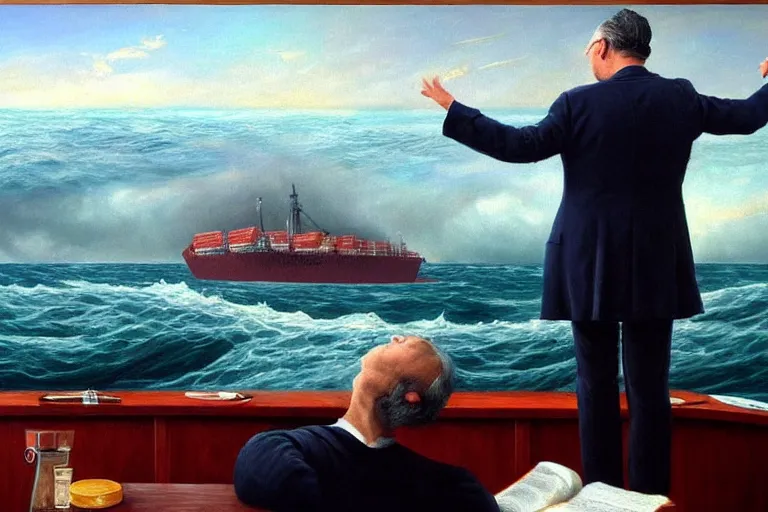 Image similar to ( ( a beautiful 8 k photorealistic masterpiece oil painting ) ( of ( a man lecturing on navigation while the ship is sinking ) ) ( hyperrealism ) ( 1 6 k ) ( trending on artstation )