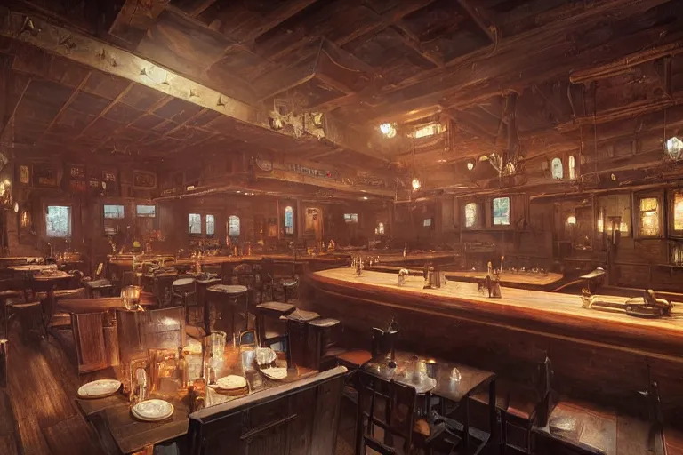 Prompt: interior of a 1 9 th century western american tavern, the bar, cimenatic, dramatic lighting, cool, ultra - wide view, westworld style, by gabriel yeganyan, peter mohrbacher and ghibli