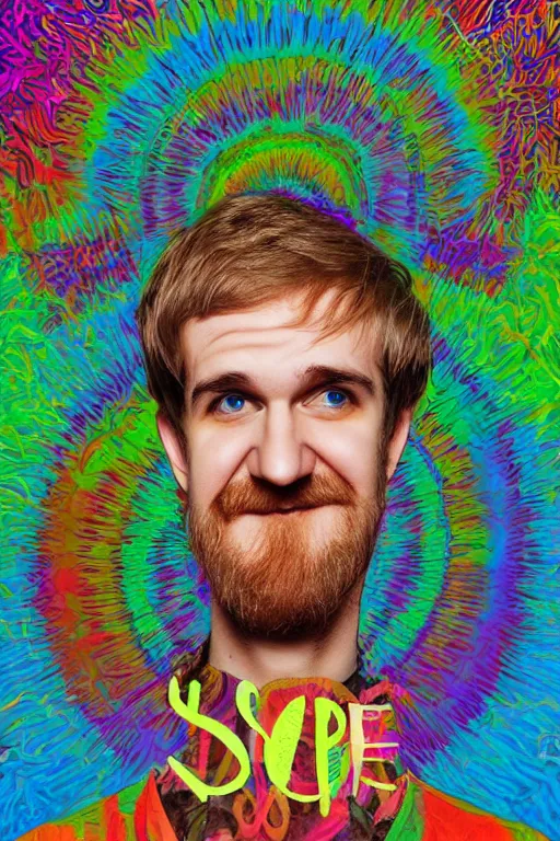 Image similar to inspirational style hope poster of bo burnham with beard, psychedelic colors, highly detailed, photograph, loving