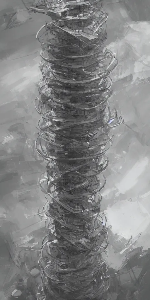 Image similar to concept art of a never - ending tower spiralling into the air