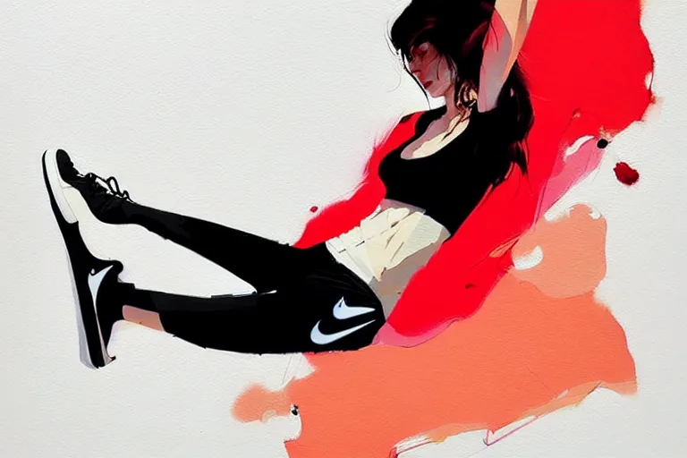 Prompt: a ultradetailed painting of a stylish woman laying on the ground, she is wearing nike air force 1 sneakers, by conrad roset and greg rutkowski, trending on artstation