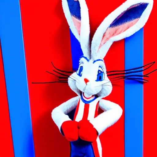 Prompt: photo of a bugs bunny toy sitting infront of a red wall with blue stripes