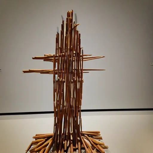 Prompt: “photo of a sculpture made of wooden skewers at the moma”