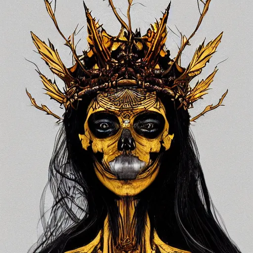 Prompt: an ominous haze, full-lenght woman with a golden skull instead of a head and a large crown shaped like the wings of a crow, she wears clothes made of bones and thorny branches through which smoke and flames go, intricate, elegant, highly detailed, digital painting, artstation, concept art, smooth, sharp focus, illustration, art by Mike Mignola