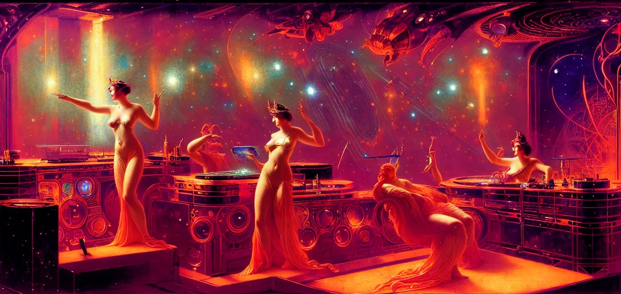 Prompt: future empress of the galaxy at a dj booth, hard lighting, full body, futuristic, neon, luxurious, industrial party, smoke, lasers painting by gaston bussiere, craig mullins, j. c. leyendecker, lights, art by ernst haeckel, john william godward, hammershøi