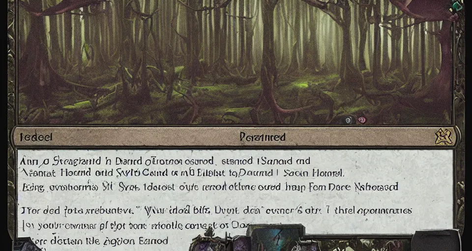 Image similar to A dense and dark enchanted forest with a swamp, from Hearthstone
