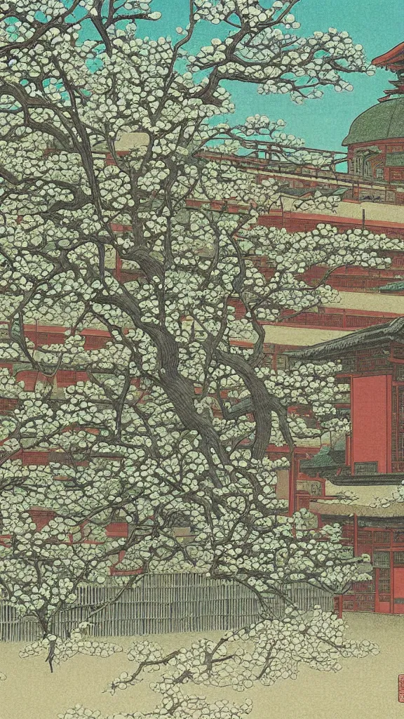 Prompt: a beautiful ancient bathhouse with a bathing alien creature in spring by hasui kawase