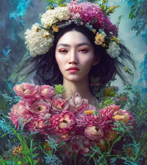 Prompt: portrait of a chullachaqui, surrounded by flowers by karol bak, james jean, tom bagshaw, rococo, trending on artstation, cinematic lighting, hyper realism, octane render, 8 k, hyper detailed.