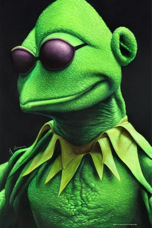 Prompt: kermit the frog as neo from the matrix, realistic portrait, symmetrical, highly detailed, digital painting, artstation, concept art, smooth, sharp focus, illustration, cinematic lighting, art by artgerm and greg rutkowski and alphonse mucha