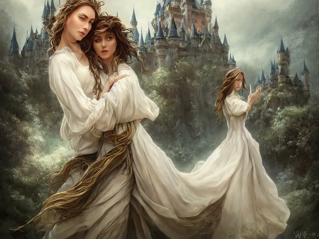 Image similar to beautiful woman in a white blouse hugging an prince, goddess, blurry castle backround, sunny, fine art, awesome fantasy book cover on Pinterest, award winning, dark fantasy landscape, fantasy magic, intricate, elegant, sharp focus, cinematic lighting, highly detailed, digital painting, concept art, art by WLOP and Artgerm and Greg Rutkowski, masterpiece, trending on artstation, 8K