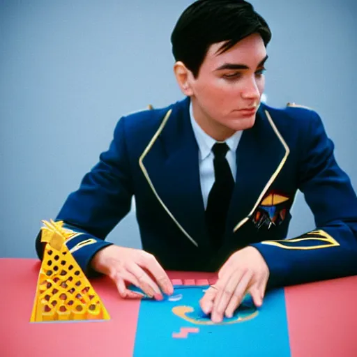 Image similar to acting ensign Wesley Crusher from the USS Enterprise playing 3d chess with a vulcan, wearing multi-colored slim suit, handsome face, set photo, candid, film grain, f2.4