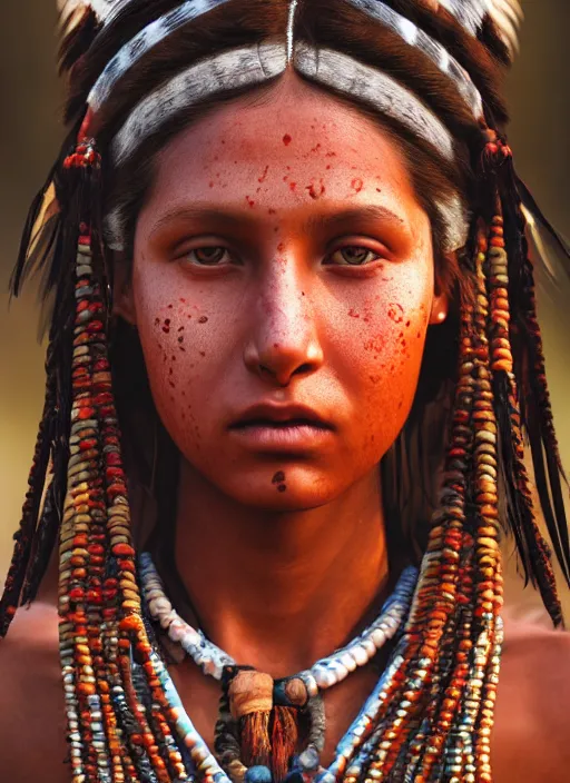 Prompt: closeup portrait of a red indian girl, depth of field, zeiss lens, detailed, symmetrical, centered, fashion photoshoot, by Annie Leibovitz and Steve McCurry, David Lazar, Jimmy Nelsson, Breathtaking, 8k resolution, extremely detailed, beautiful, establishing shot, artistic, hyperrealistic, beautiful face, octane render