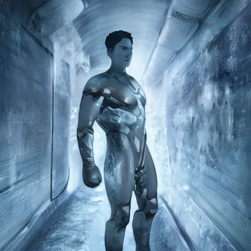 Prompt: a superhero man who is made of ice, ice and snow for skin he is standing in a spaceship corridor, cinematic, graphic novel, matte fantasy painting, extremely high detail, photo realistic, 4k, post processed, Artstation