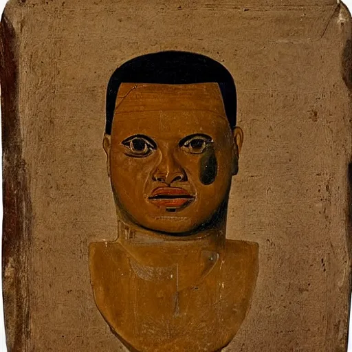 Prompt: fayum portrait of a lazy fat guy, mummy portrait, from egypt, from luxor, on wood