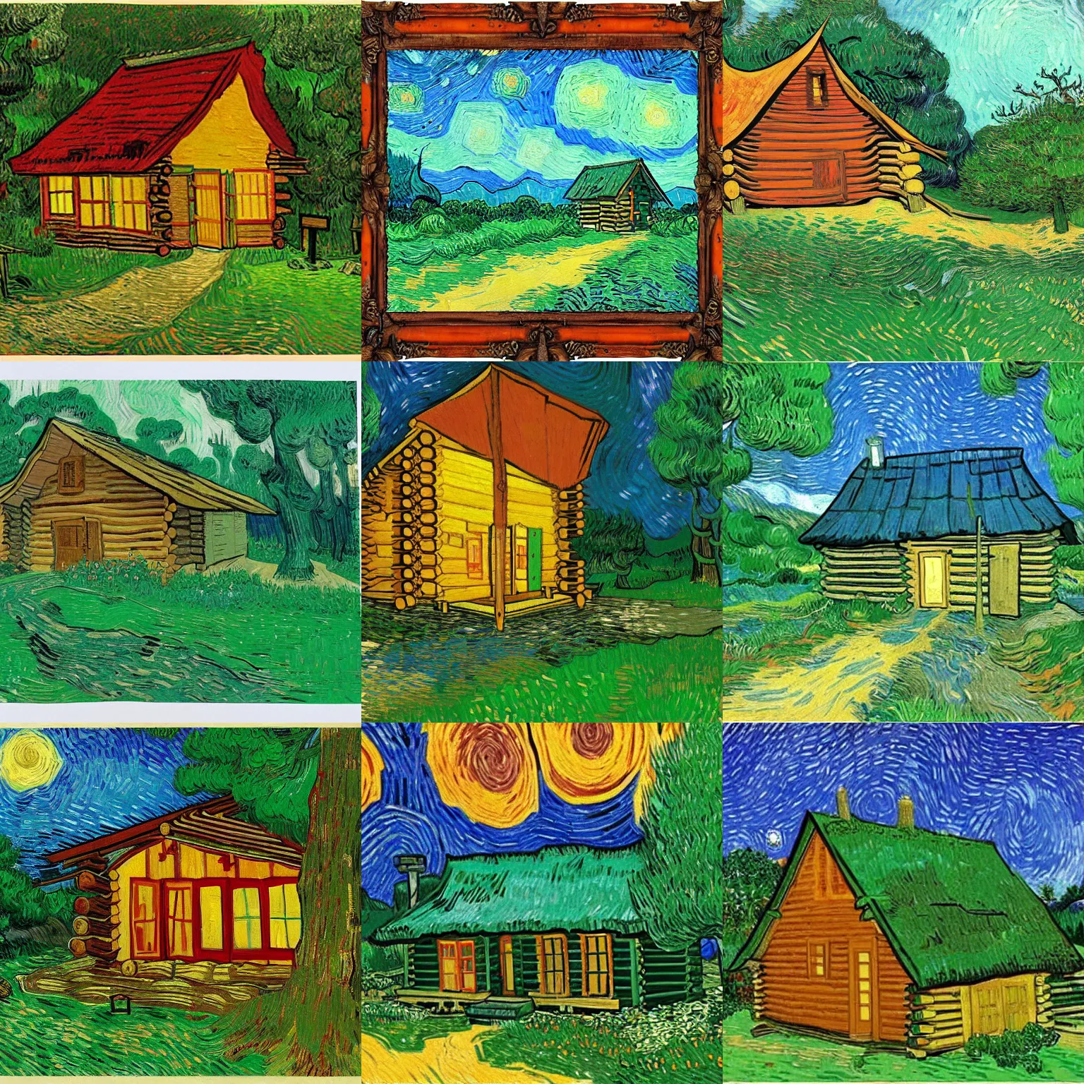 Prompt: [ a log cabin in the forest ] [ van gogh ] [ studio ghibli ]