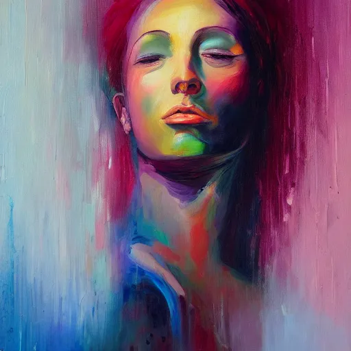Prompt: stunning oil painting portrait of a young woman hugging an abstract human figure in the style of Meredith Marsone, spring colors