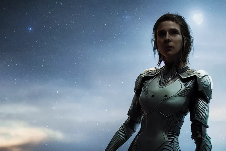 Image similar to VFX movie closeup portrait of a futuristic hero woman in spandex armor in future city, hero pose, beautiful skin, night lighting by Emmanuel Lubezki