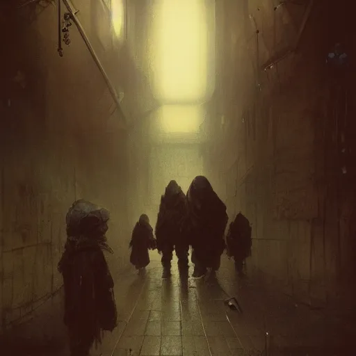 Image similar to dark alley full of homeless children being questioned by a futuristic cop, somber, by beksinski and jeremy mann and alphonse mucha and stan lee, fantasy art, photo realistic, dynamic lighting, artstation, poster, volumetric lighting, very detailed faces, award winning