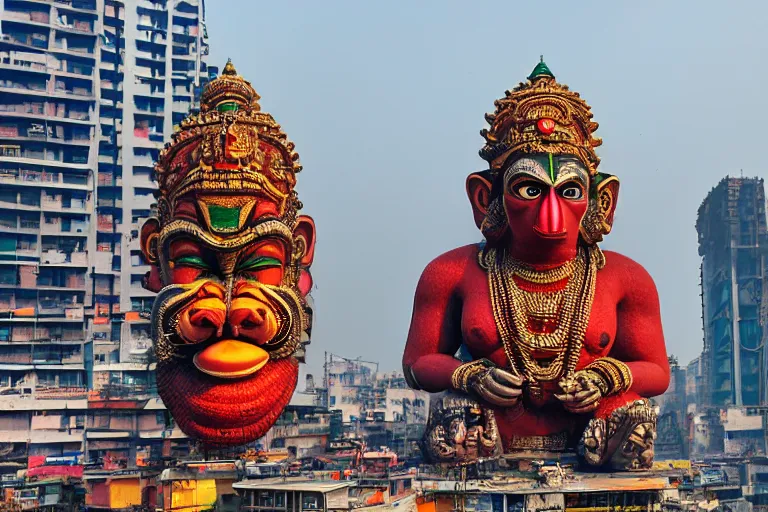 Image similar to high quality 3 d cyberpunk biomorphic hanuman head building in the middle of mumbai!!, kalighat highly detailed, cinematic smooth, stephen shore & john j. park, soft morning light, wide shot, high angle, uhd 8 k, deep focus