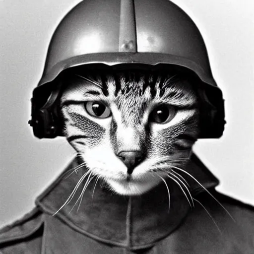 Prompt: “ close up of a cat wearing soldier helmet in the battle, ww 2 historical photography, black & white ”