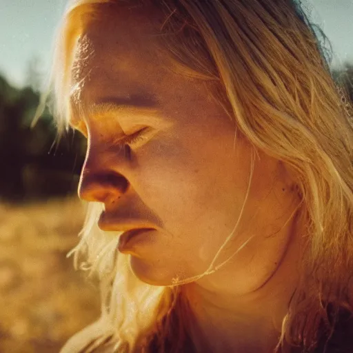 Image similar to Midsommar cult portrait of woman with blond hair crying under harsh sunlight cinematic lighting film still