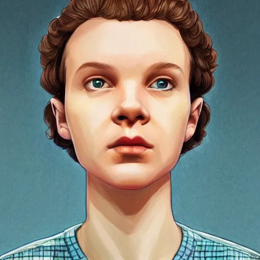 Image similar to beautiful side portrait of Eleven from Stranger things by ((((martine johanna)))), artstation winner,figurativism!!!, portrait,