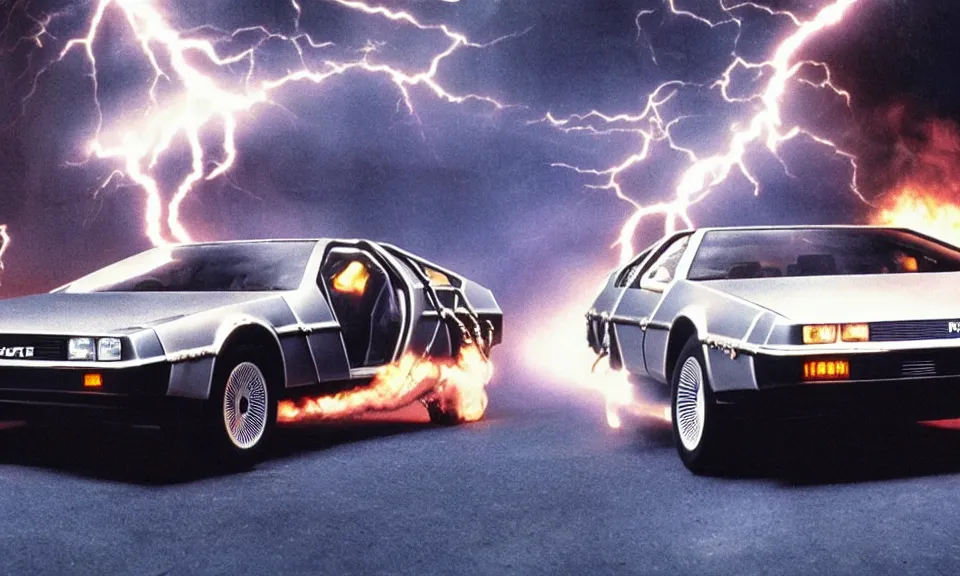 Image similar to scene from back to the future, a single delorean from back to the future with closed doors, driving very fast, lightning around the car, fire on the road, driving through a portal, motion blur