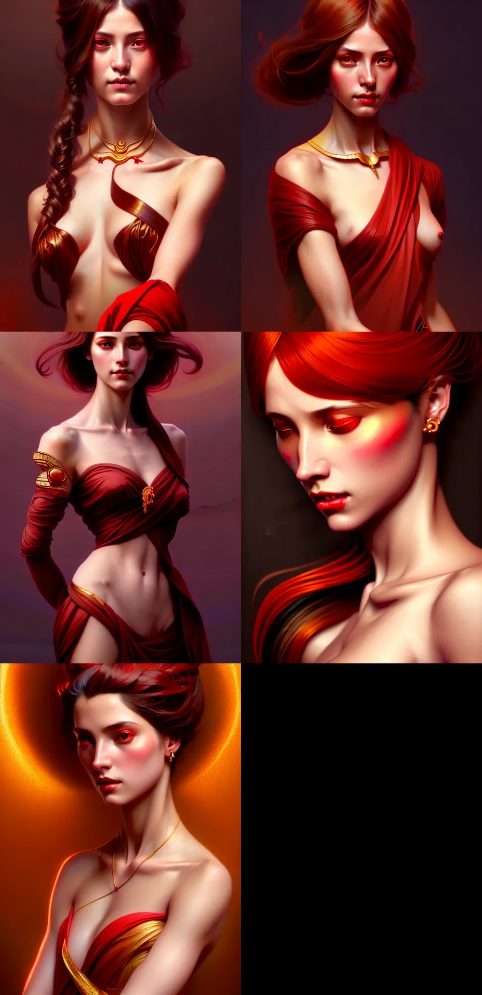Prompt: beautiful digital painting of a goddes stylish female with high detail, real life skin, red colors, 8 k, stunning detail, works by artgerm, greg rutkowski and alphonse mucha, unreal engine 5, 4 k uhd