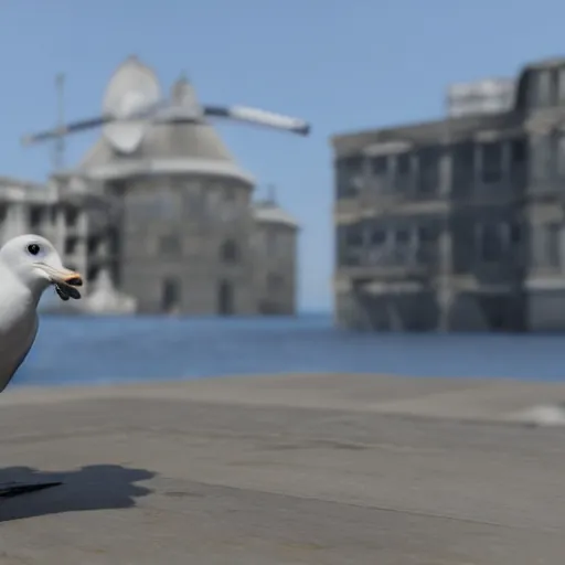 Image similar to a seagull wearing aviator goggles firing a machinegun, 3D render, unreal engine 5