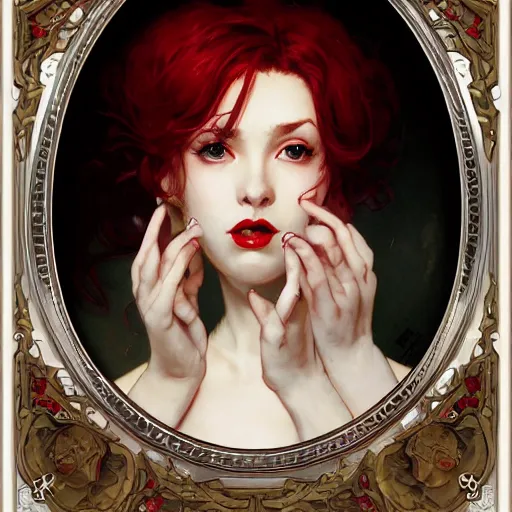 Prompt: portrait of a beautiful vampire by Stanley Artgerm Lau , greg rutkowski, thomas kindkade, alphonse mucha, loish, norman rockwell, J. C. Leyendecker. white and light red hair, detailed eyes, red lips, framed, facing the camera. Trending on artstation rule of thirds detailed illustration hd 4k