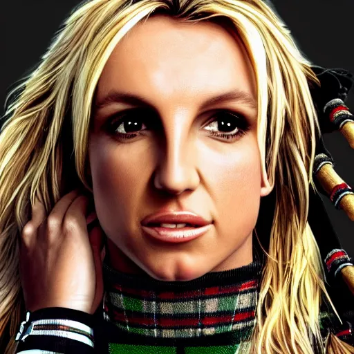 Image similar to epic realistic portrait of britney spears in scottish clothes and bagpipe, hd, 4 k, 8 k, detailed,